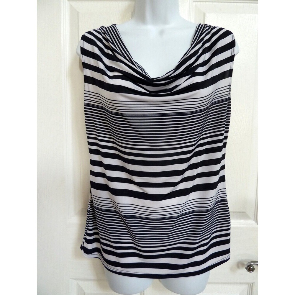 Shannon Ford Womens Small Sleeveless Waterfall Neck Striped Blouse Navy White